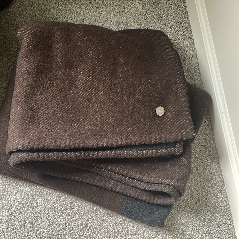 Wool Hermes blanket dark brown and grey with H and silver button logo